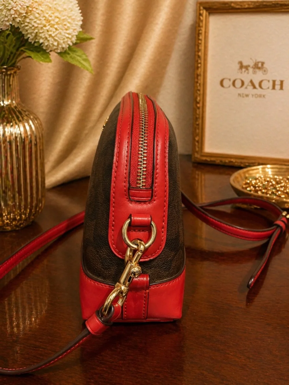Coach Dome Crossbody in Signature Brown Coated Canvas & True Red Leather Trim - Picture 5 of 11